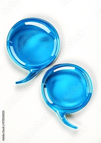 Two overlapping blue speech bubbles with smooth white borders, placed in a minimalistic design style, floating on a plain white background, highly detailed and realistic
