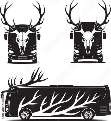 Black and white illustration of a bus with deer skull and antlers graphic coach vehicle