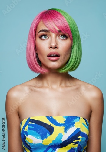 Vibrant Portrait: A captivating woman, adorned in a split-toned wig, exudes an air of surprise.