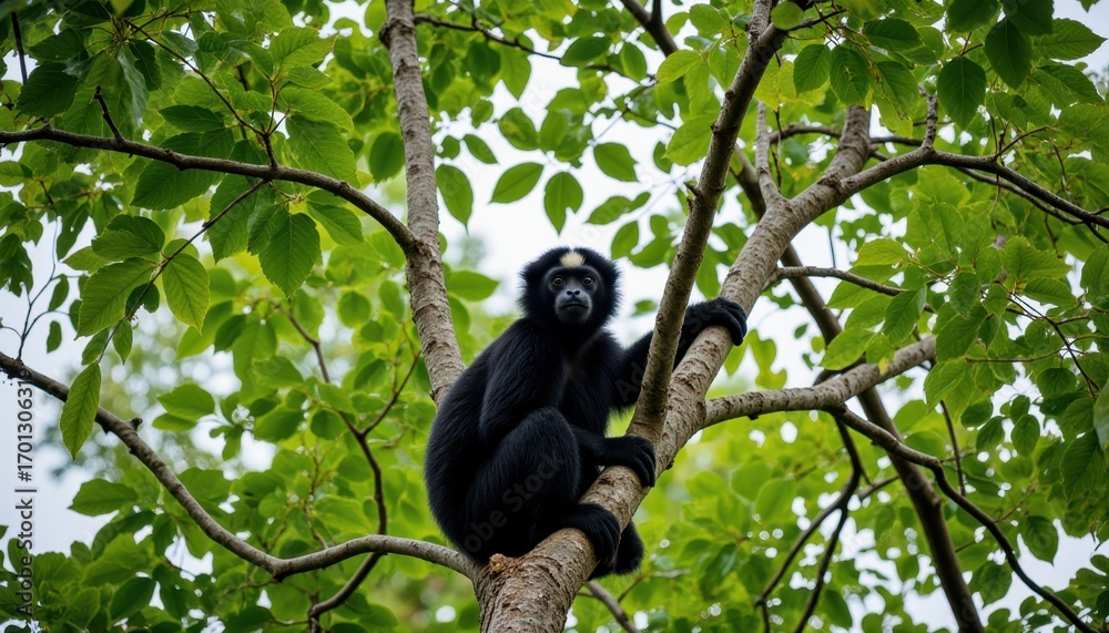 Fototapeta premium Monkey climbing tree tropical forest wildlife photography green foliage close-up view animal behavior