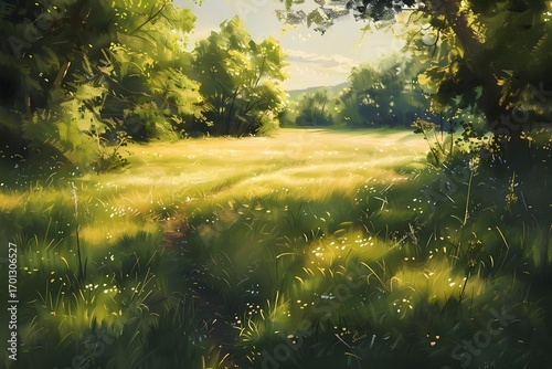 
Vibrant and detailed grassy meadow with natural sunlight streaming through, emphasizing texture and serenity in a countryside setting
