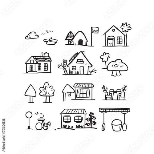 Set of cartoon style vector icons depicting house and tree pages with cute designs.