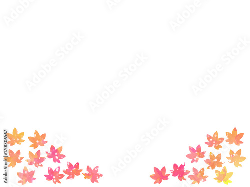 モミジの紅葉イメージの背景素材。水彩風テクスチャー。葉っぱのシルエット。かわいい色調。光の粒子や水滴の輝き。コーナータイプ。左右の下側。
