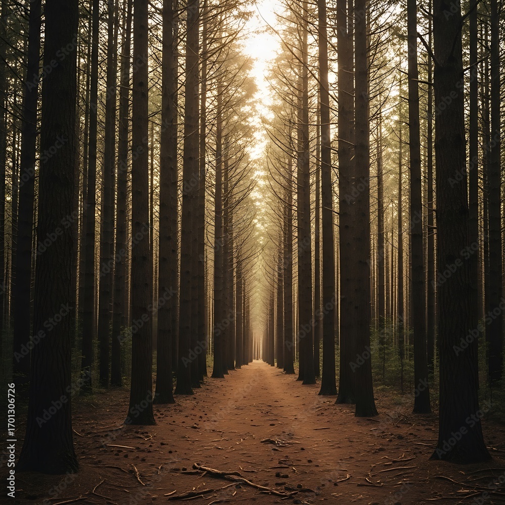 Obraz premium Serene Pine Tree Alley Sunlight Path.