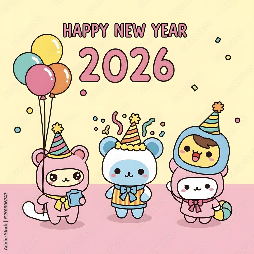 Obraz premium A joyful celebration for the New Year 2026 featuring cute kawaii animal friends. A festive vector graphic with party hats and colorful balloons