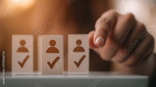 Hand selecting a person icon from wooden blocks