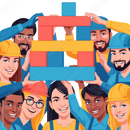 Diverse team building strong foundations together with colorful blocks, celebrating unity and progress