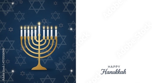 Elegant Happy Hanukkah greeting card design with a golden menorah, lit candles, and a blue Star of David background