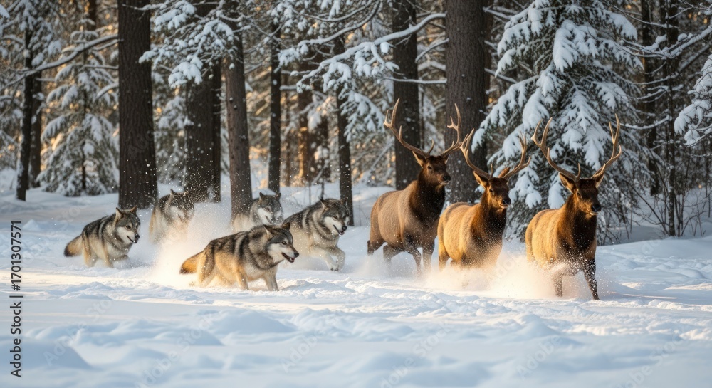Naklejka premium Wolves chasing elk through snowy forest.