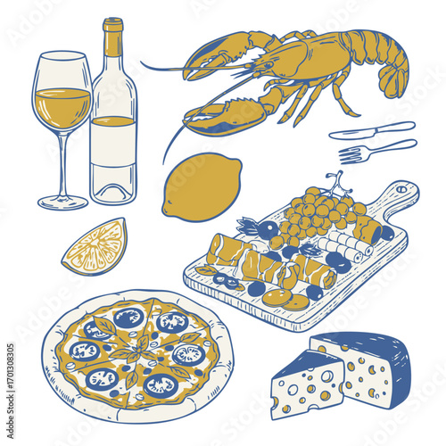 Hand drawn seafood and food doodle set. Vector illustration of lobster, pizza, wine, lemon, grape, bread in sketch style for restaurant menu, poster, flyer, and cafe design.