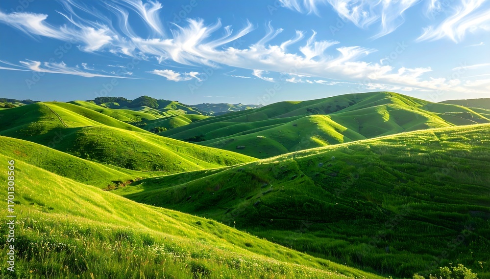 Fototapeta premium Lush green hills gently rise beneath a vibrant, cloud-filled sky, creating a serene and peaceful landscape.