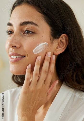 Skincare Routine: A radiant young woman is gently applying a moisturizing cream to her face, captured in a moment of self-care and beauty.