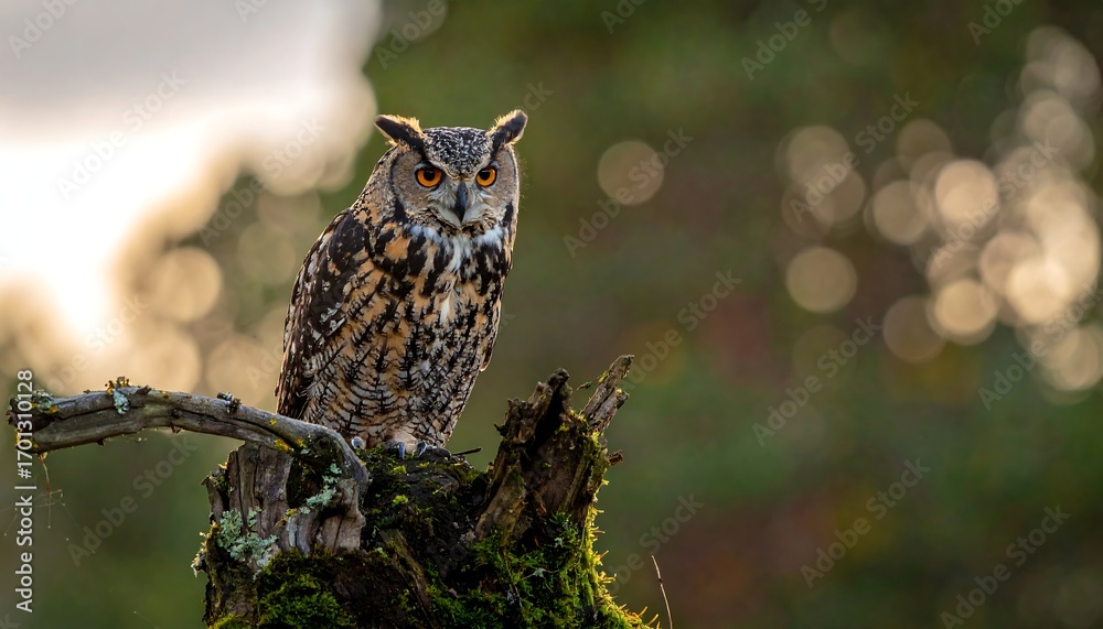 Obraz premium Owl perched on a stump, soft sunlight