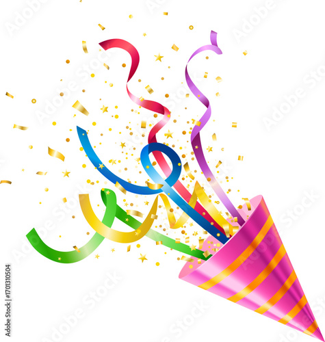 Colorful Party Popper with Confetti and Streamers Celebration Design
