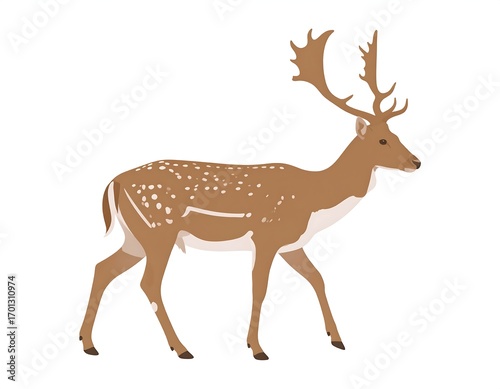 Fallow deer walking, forest background, wildlife illustration