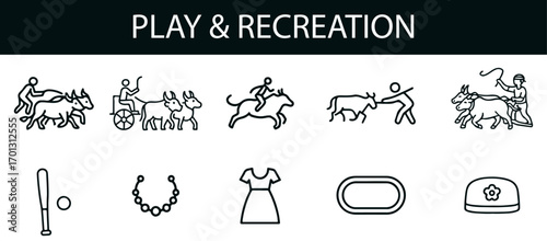 Play & Recreation Icon Set – Black Line Art of Horse Racing, Bullfighting, Lassoing, Sports Gear & Cultural Fashion for Heritage, Youth & Lifestyle Projects