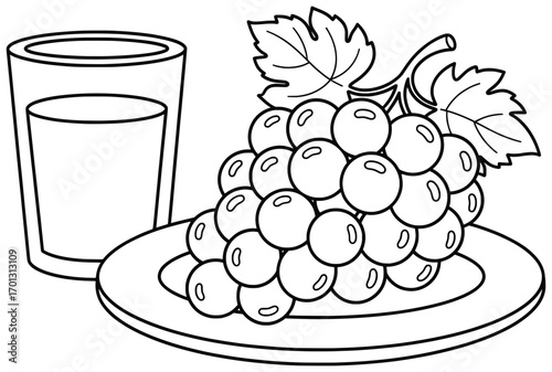 Grapes vector illustration featuring a bunch of fruit on a plate with a glass of juice in clean black line art style designed for food projects, nutrition themes, and creative design use
