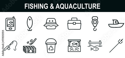 Fishing & Aquaculture Icon Set – Black Line Art of Fish Finders, Lures, Rods, Boats, Tanks, Feed & Sustainable Marine Equipment for Food & Environmental Projects