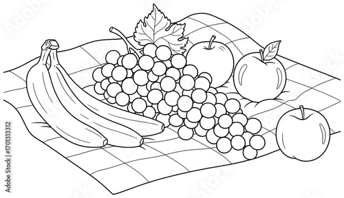 Grapes vector illustration of fresh fruit on a picnic cloth with bananas and apples beside the bunch drawn in clean black line art style for healthy food, nutrition, and design projects