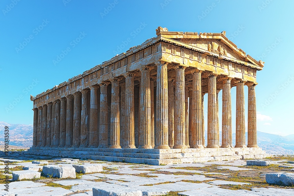 Fototapeta premium Ancient Parthenon ruins stand against a blue sky; stone blocks in the foreground