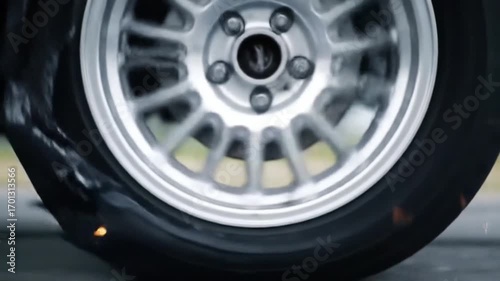 Cinematic Slow Motion Shot of Blown Tire Wobbling with Sparks and Debris