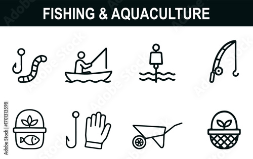 Fishing & Aquaculture Icon Set – Black Line Art of Hooks, Boats, Buoys, Fish Baskets, Irrigation Tools & Sustainable Marine Livelihood Symbols