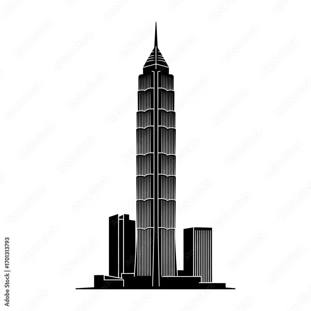 Obraz premium A minimalist black and white vector illustration of a towering, modern skyscraper with a distinctive pointed spire.