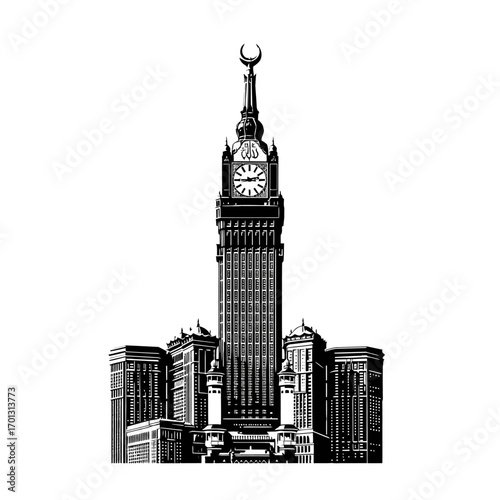 A striking black and white illustration of the famous Makkah Royal Clock Tower against a clean white background.