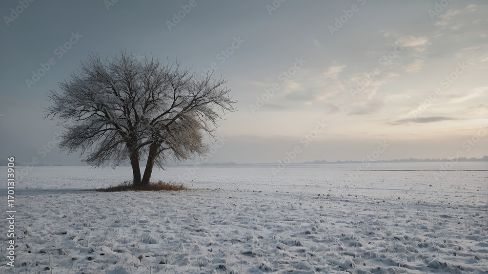 Fototapeta premium Winter landscape with frosted tree silhouette under a serene sky with soft, golden light