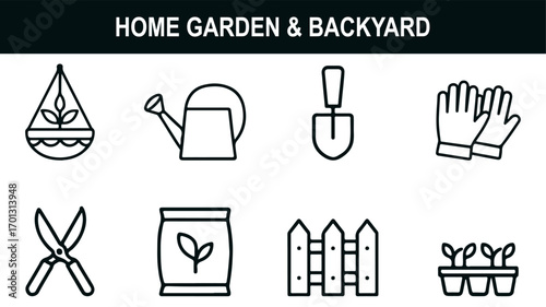 Home Garden & Backyard Icon Set – Black Line Art of Watering Cans, Gloves, Seedlings, Tools & Hanging Plants for Eco-Lifestyle & DIY Projects