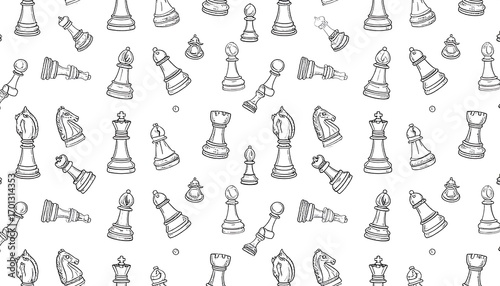 A captivating pattern showcasing various chess pieces in a detailed line art style against a clean white background.