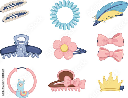 PrintSet of cute hair accessories vector illustrations including clips, bows, headbands, and pins for girls, fashion or design use.