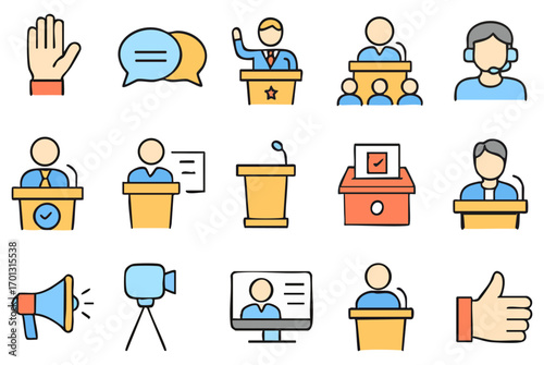 Political Speech Debate Election Icon Set, Isolated Background. Microphone, Ballot Box, Podium, Presentation Design