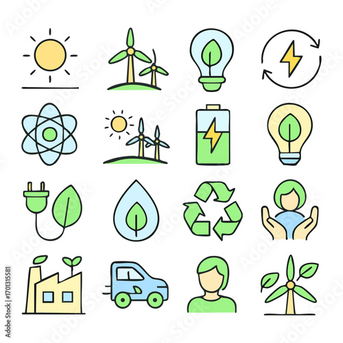 Eco-Friendly Energy Sustainability Icon Set, Isolated Background. Solar, Wind, Electricity, Recycling, Ecology Design