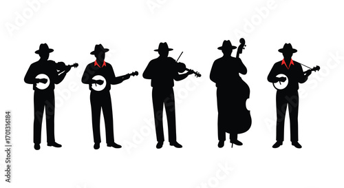 musicians playing instruments together in silhouette form