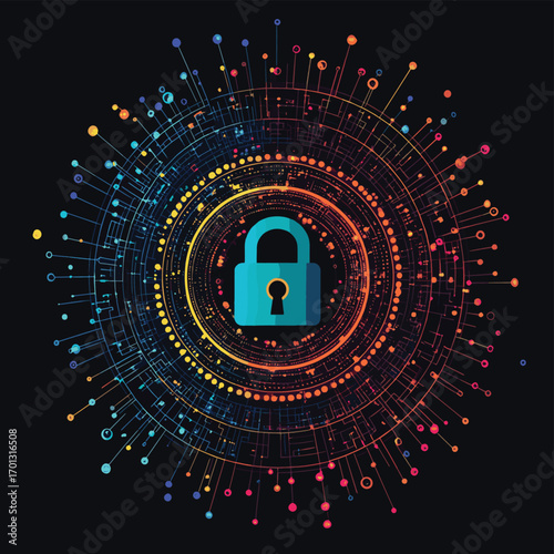 Data security emblem featuring padlock surrounded by digital lines and colorful circle frame conveying robust protection within a network environment , vector style simple color