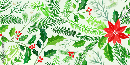 Festive christmas pattern with poinsettia holly berries and evergreen branches