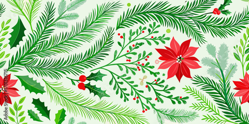 Festive christmas botanical pattern with poinsettias holly berries and pine branches
