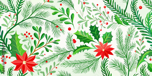 Festive christmas botanical pattern with poinsettias holly berries and pine needles