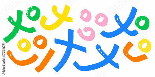 Playful hand drawn tic tac toe game symbols in bright colors on white background