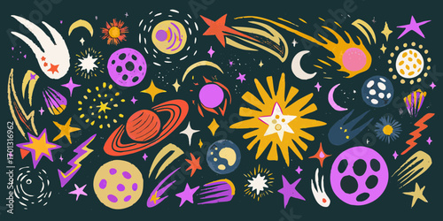 Whimsical hand drawn space illustration featuring planets stars comets and celestial elements