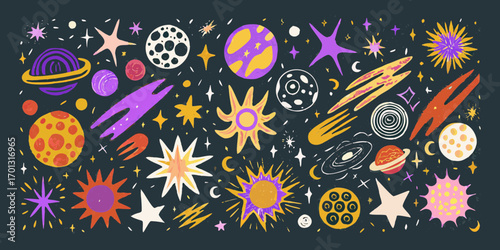 Whimsical hand drawn space objects featuring planets stars comets and galaxies on a dark background