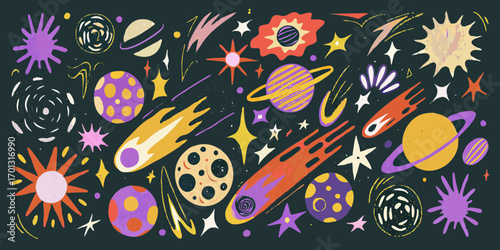 Whimsical hand drawn space illustration with planets stars and comets in vibrant colors