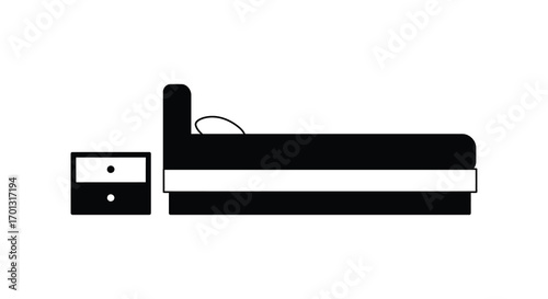 a simple black and white illustration of a bed with nightstand