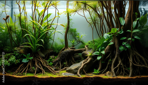 Aquascape design with a mix of emergent stems and surface plants, roots creating vertical movement, peaceful jungle riverbank style