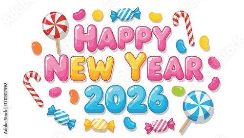 Festive "Happy New Year 2026" text surrounded by a colorful assortment of candies and lollipops, creating a sweet celebration.