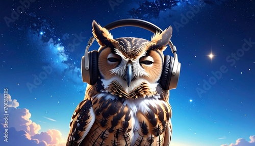 A stylized owl, adorned with headphones, serenely listens to music under a celestial night sky.