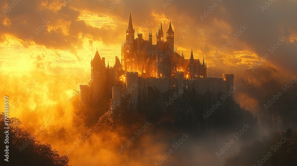 Fototapeta premium Majestic castle on a hilltop at sunset, illuminated by warm golden light and shrouded in mist.