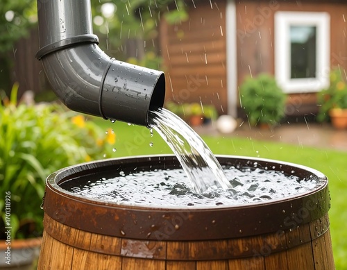 Rainwater collecting in wooden barrel