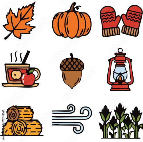 Fall and winter season icons collection featuring cozy elements and seasonal harvest
